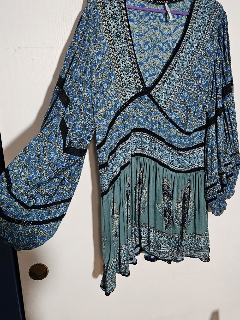 Free People Luna Scarf Print Tunic Boho V-Neck Peasant Top Large